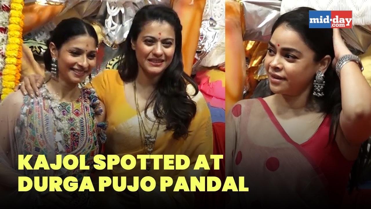 Kajol, Tanishaa & Sumona Chakravarti at Durga Pujo pandal in Mumbai